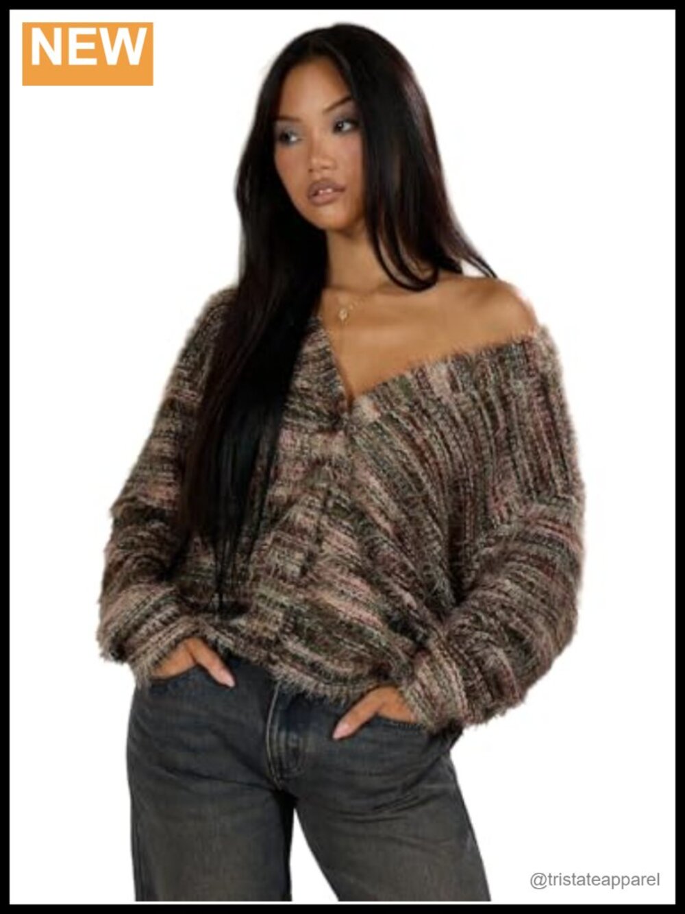 Fuzzy Button Down Colorful Striped Cardigan Long Sleeve Fall Trendy V-Neck